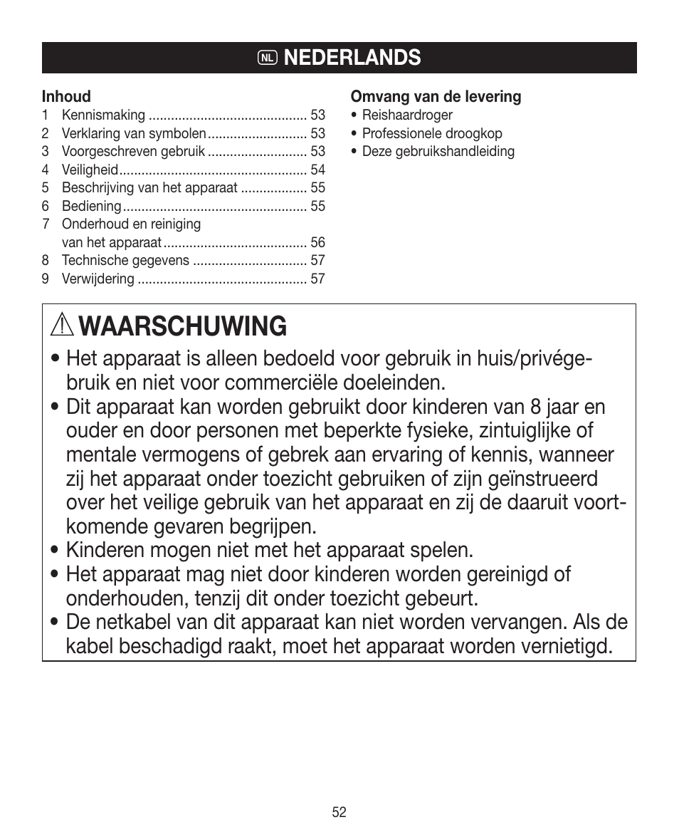 Waarschuwing | Beurer HDE 15 User Manual | Page 52 / 72