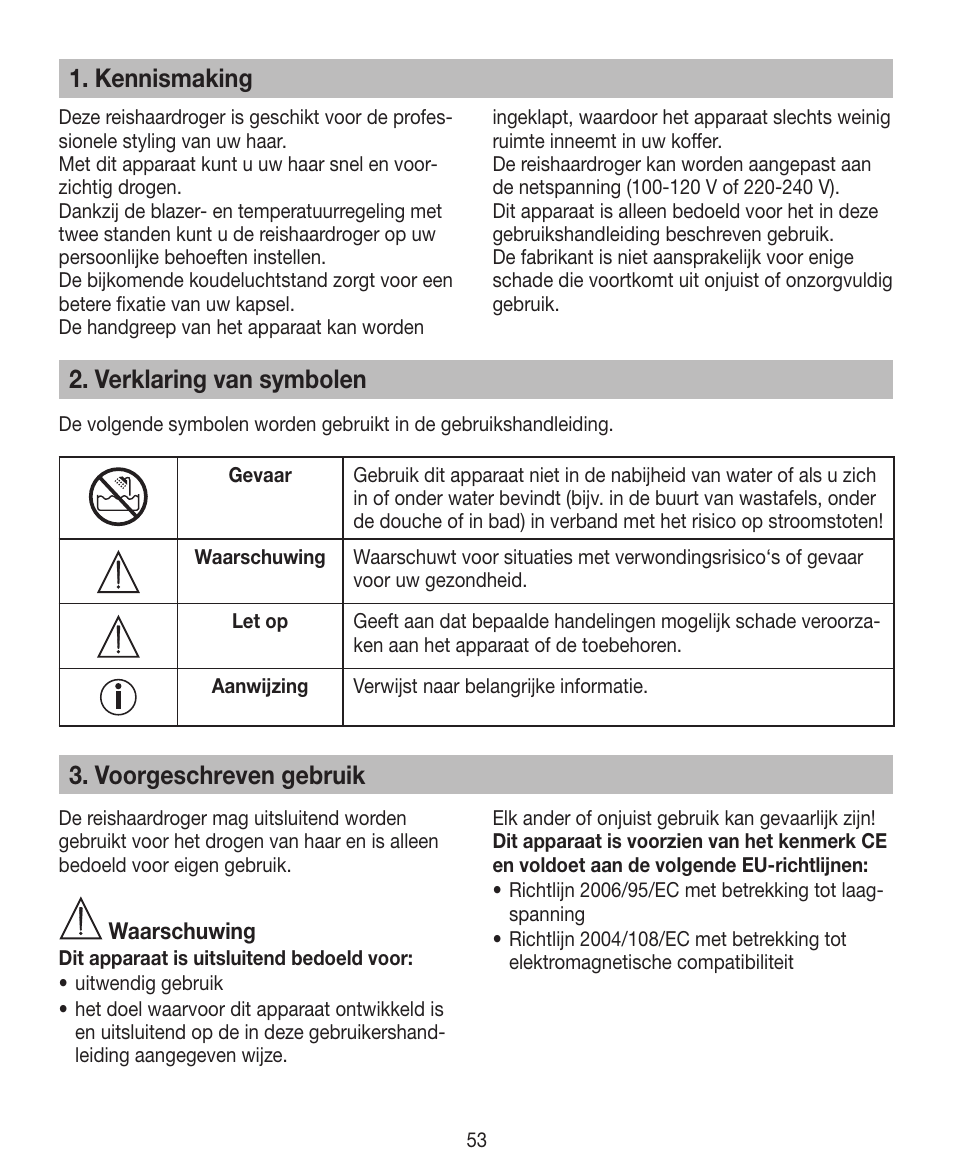 Kennismaking, Verklaring van symbolen, Voorgeschreven gebruik | Beurer HDE 15 User Manual | Page 53 / 72