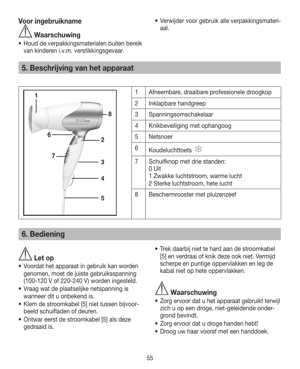 Beschrijving van het apparaat, Bediening | Beurer HDE 15 User Manual | Page 55 / 72