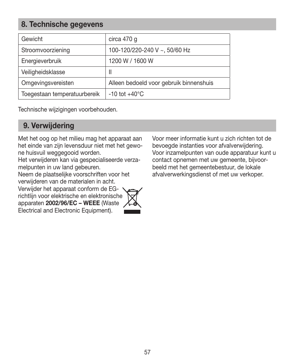 Technische gegevens, Verwijdering | Beurer HDE 15 User Manual | Page 57 / 72