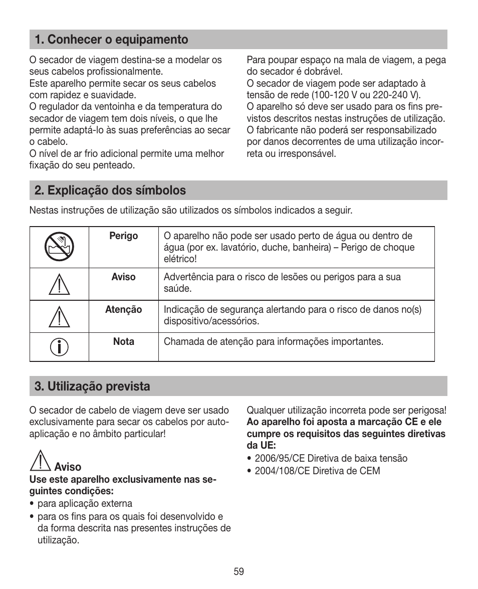 Conhecer o equipamento, Explicação dos símbolos, Utilização prevista | Beurer HDE 15 User Manual | Page 59 / 72