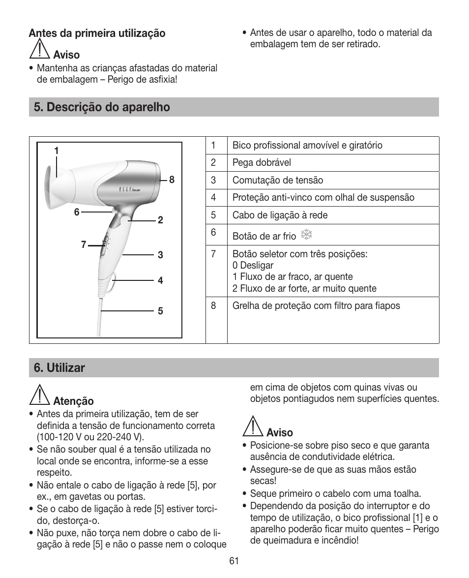 Descrição do aparelho, Utilizar | Beurer HDE 15 User Manual | Page 61 / 72