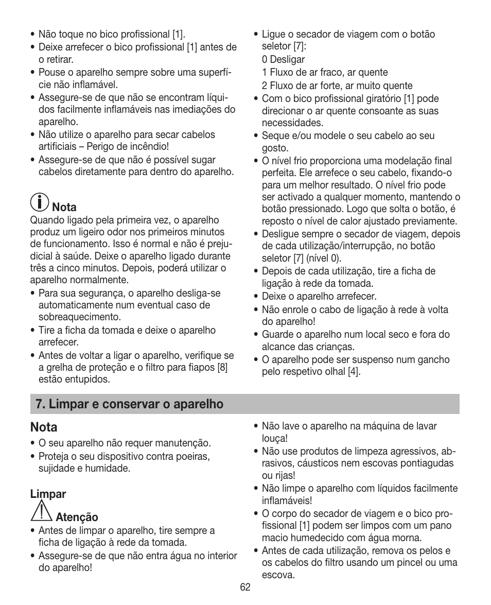 Limpar e conservar o aparelho nota | Beurer HDE 15 User Manual | Page 62 / 72