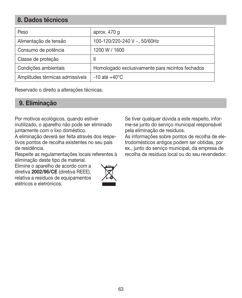 Dados técnicos, Eliminação | Beurer HDE 15 User Manual | Page 63 / 72