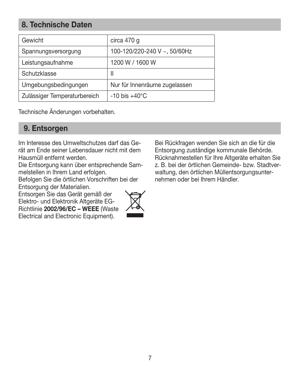 Technische daten, Entsorgen | Beurer HDE 15 User Manual | Page 7 / 72