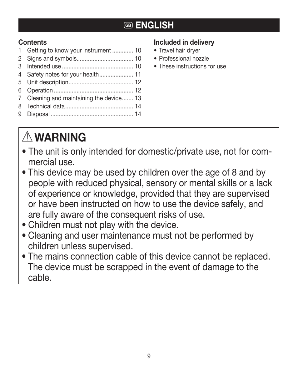 Warning | Beurer HDE 15 User Manual | Page 9 / 72