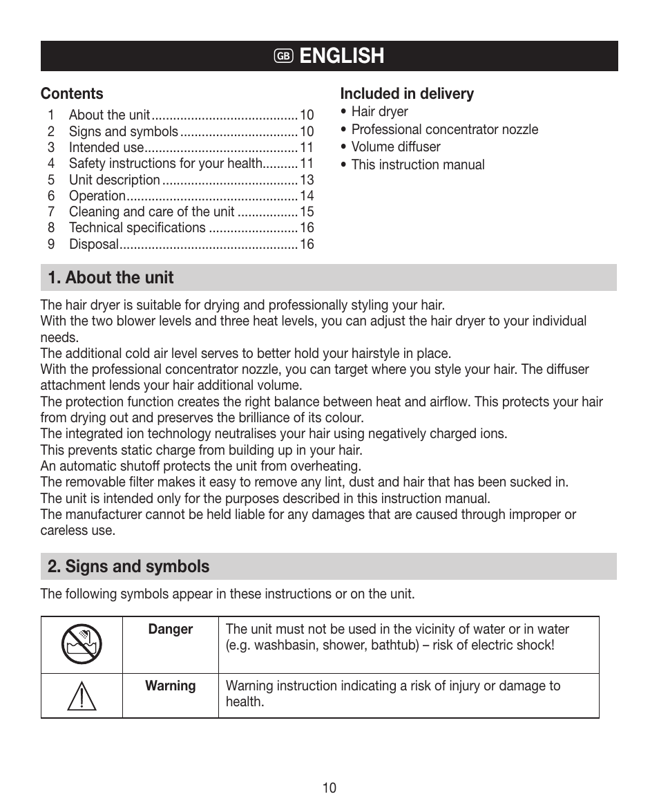 G english, About the unit, Signs and symbols | Beurer HDE 30 User Manual | Page 10 / 84