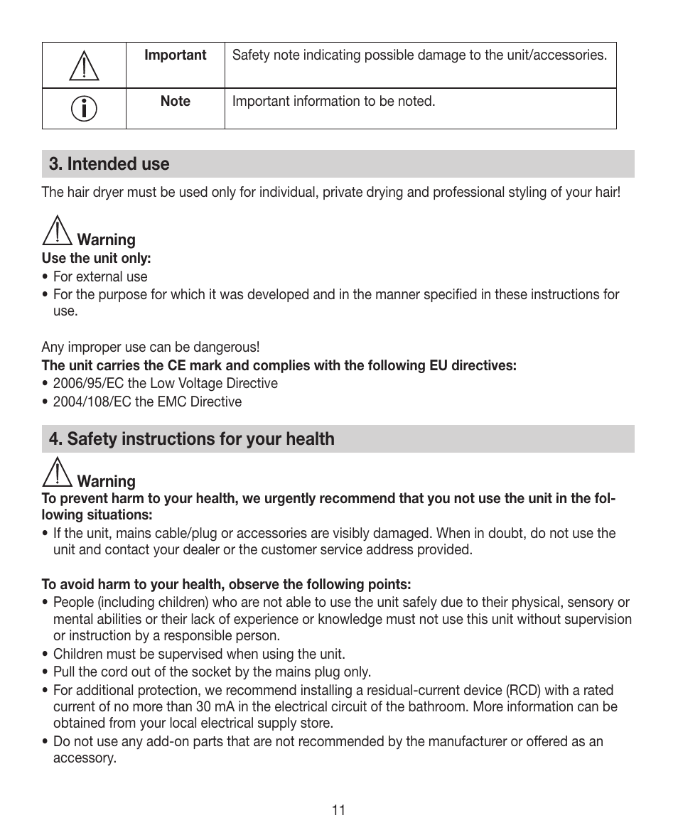 Intended use, Safety instructions for your health | Beurer HDE 30 User Manual | Page 11 / 84