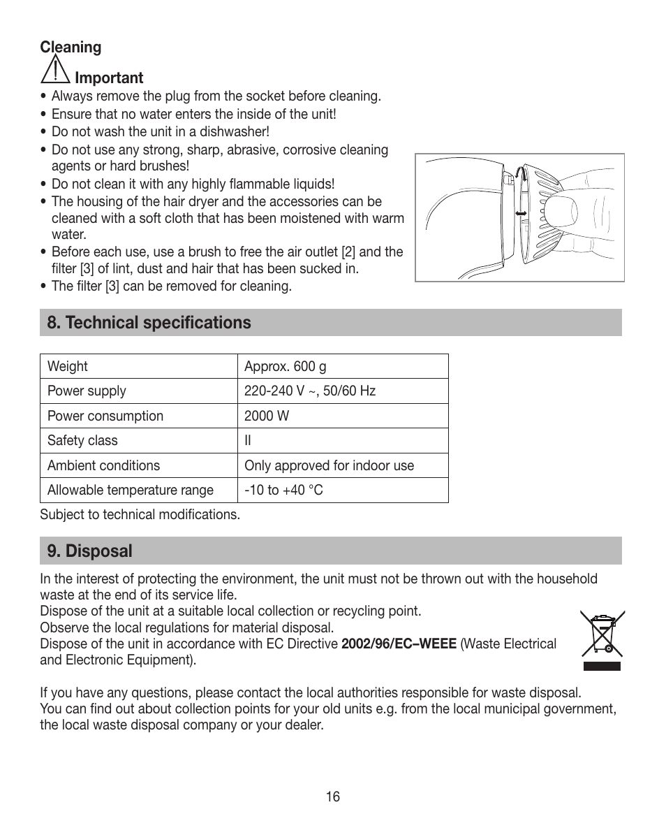 Technical specifications, Disposal | Beurer HDE 30 User Manual | Page 16 / 84