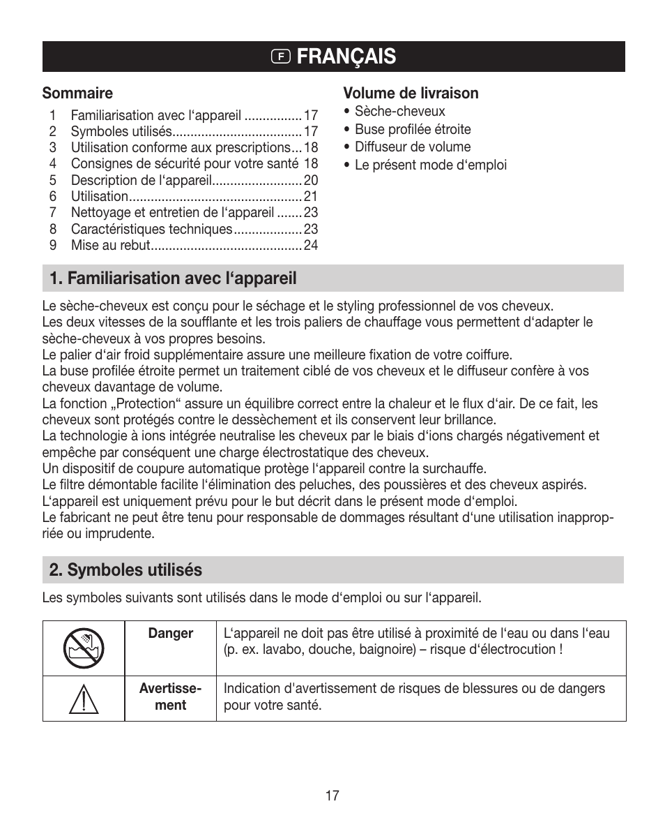 F français, Familiarisation avec l‘appareil, Symboles utilisés | Beurer HDE 30 User Manual | Page 17 / 84
