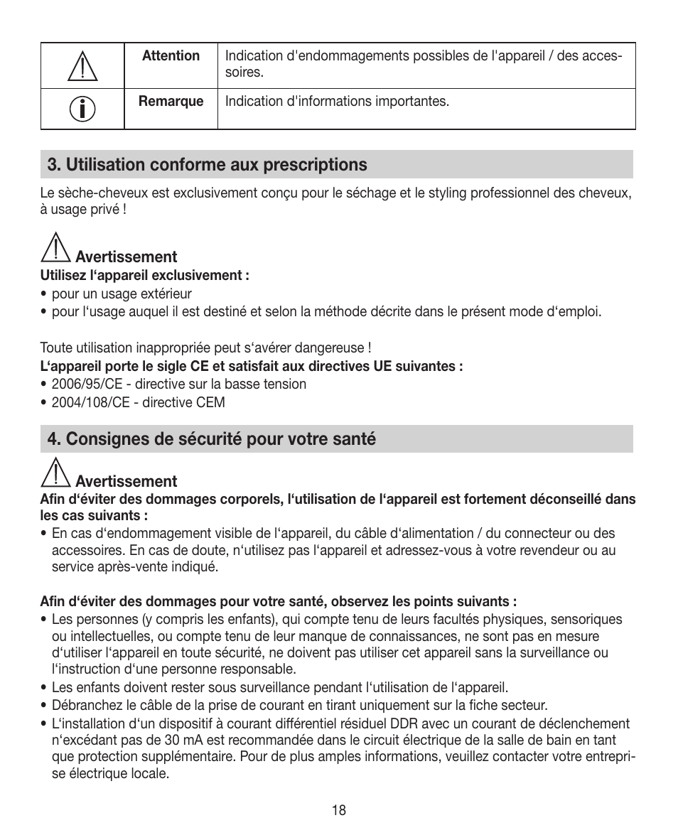 Utilisation conforme aux prescriptions, Consignes de sécurité pour votre santé | Beurer HDE 30 User Manual | Page 18 / 84