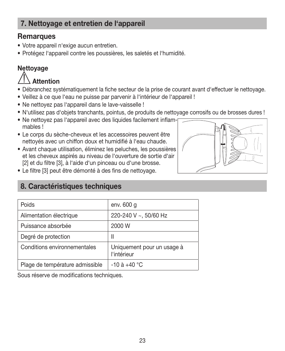 Nettoyage et entretien de l‘appareil remarques, Caractéristiques techniques | Beurer HDE 30 User Manual | Page 23 / 84