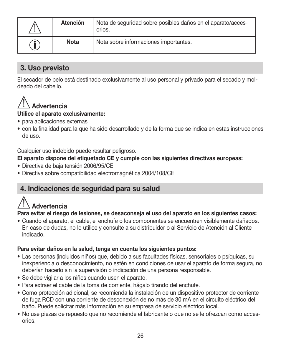 Uso previsto, Indicaciones de seguridad para su salud | Beurer HDE 30 User Manual | Page 26 / 84