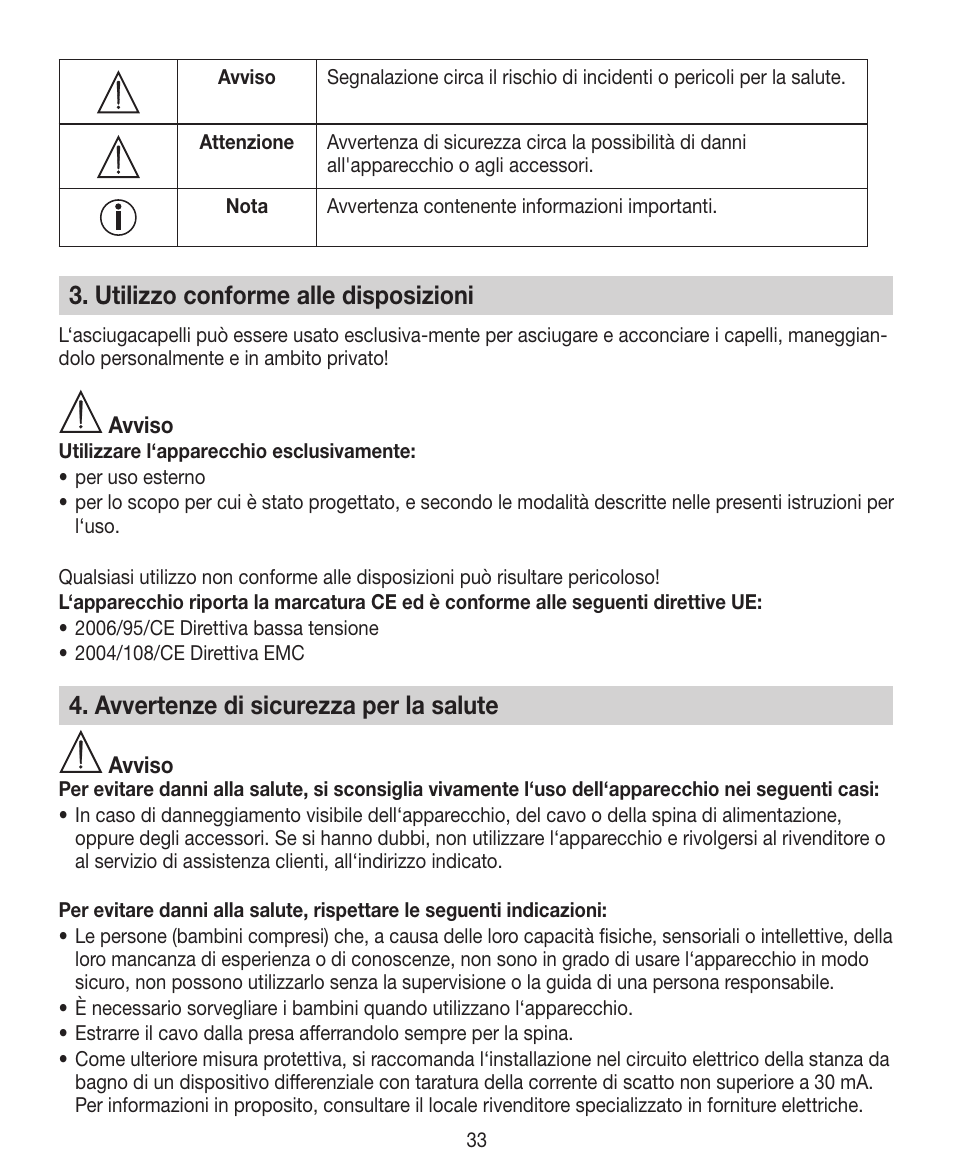 Utilizzo conforme alle disposizioni, Avvertenze di sicurezza per la salute | Beurer HDE 30 User Manual | Page 33 / 84