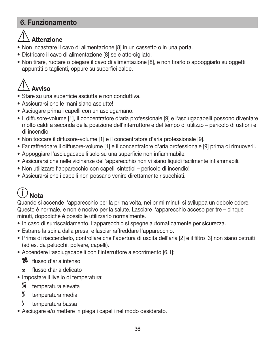 Funzionamento | Beurer HDE 30 User Manual | Page 36 / 84