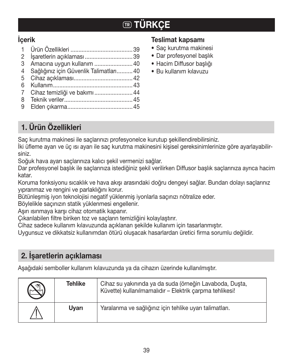 T türkçe, Ürün özellikleri, Işaretlerin açıklaması | Beurer HDE 30 User Manual | Page 39 / 84