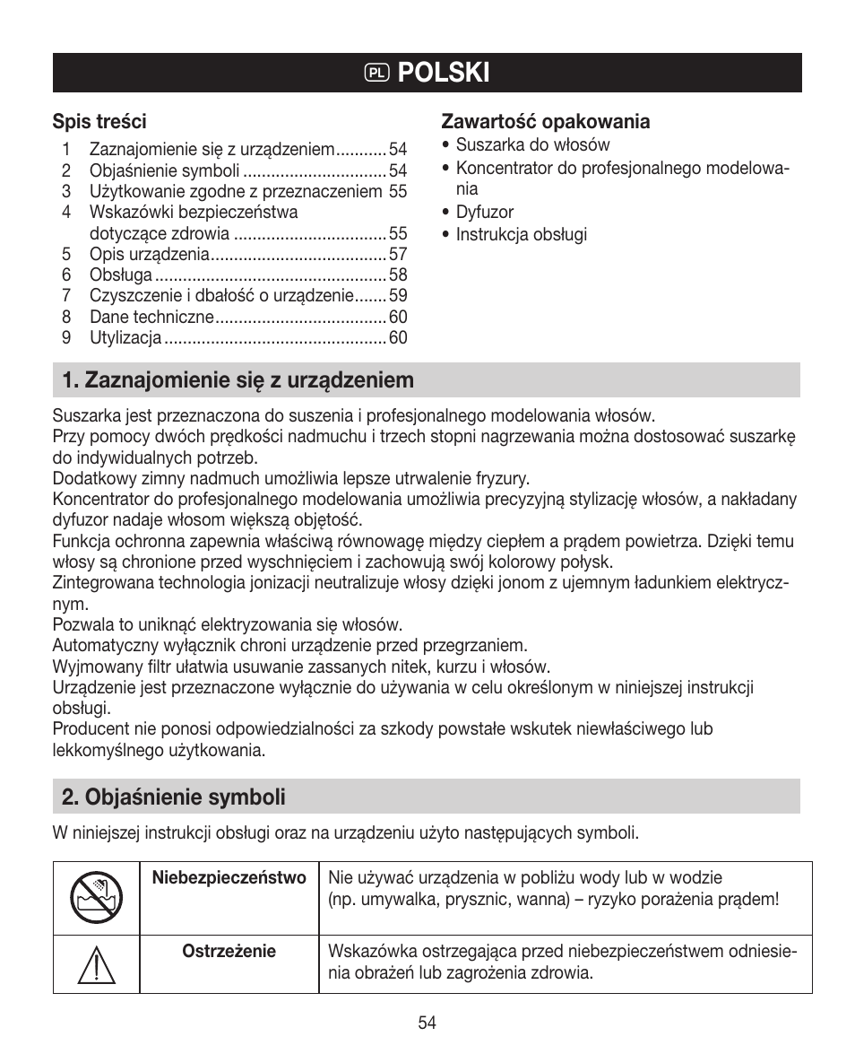 Q polski, Zaznajomienie się z urządzeniem, Objaśnienie symboli | Beurer HDE 30 User Manual | Page 54 / 84