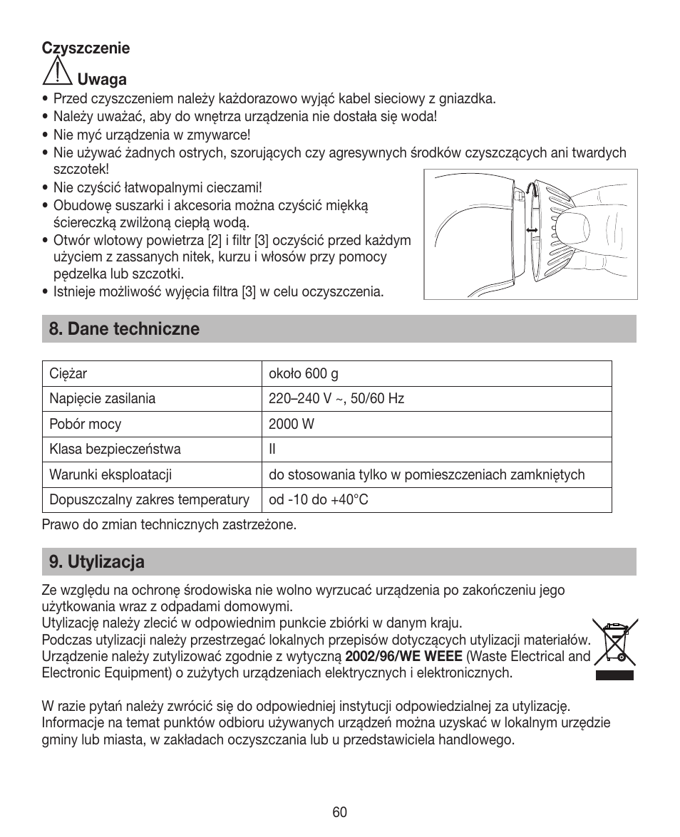 Dane techniczne, Utylizacja | Beurer HDE 30 User Manual | Page 60 / 84