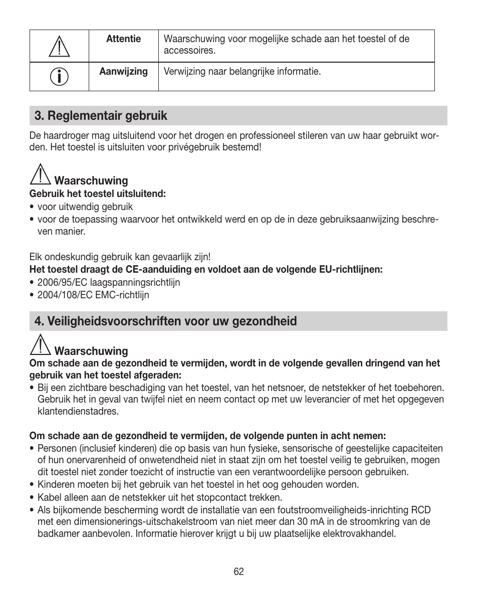 Reglementair gebruik, Veiligheidsvoorschriften voor uw gezondheid | Beurer HDE 30 User Manual | Page 62 / 84