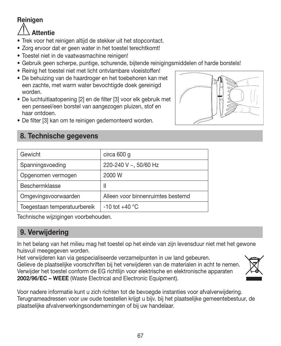 Technische gegevens, Verwijdering | Beurer HDE 30 User Manual | Page 67 / 84