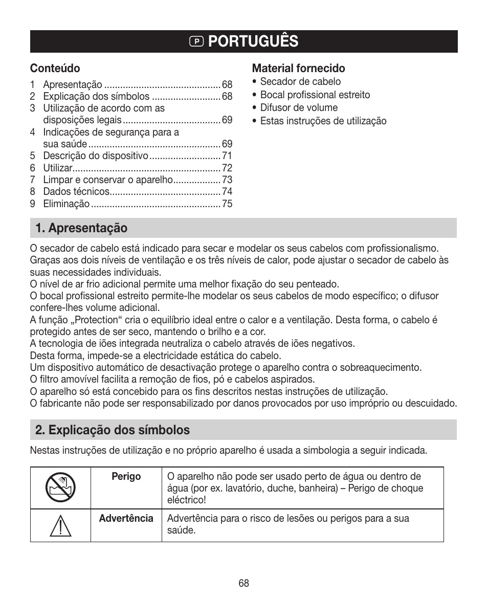 P português, Apresentação, Explicação dos símbolos | Beurer HDE 30 User Manual | Page 68 / 84