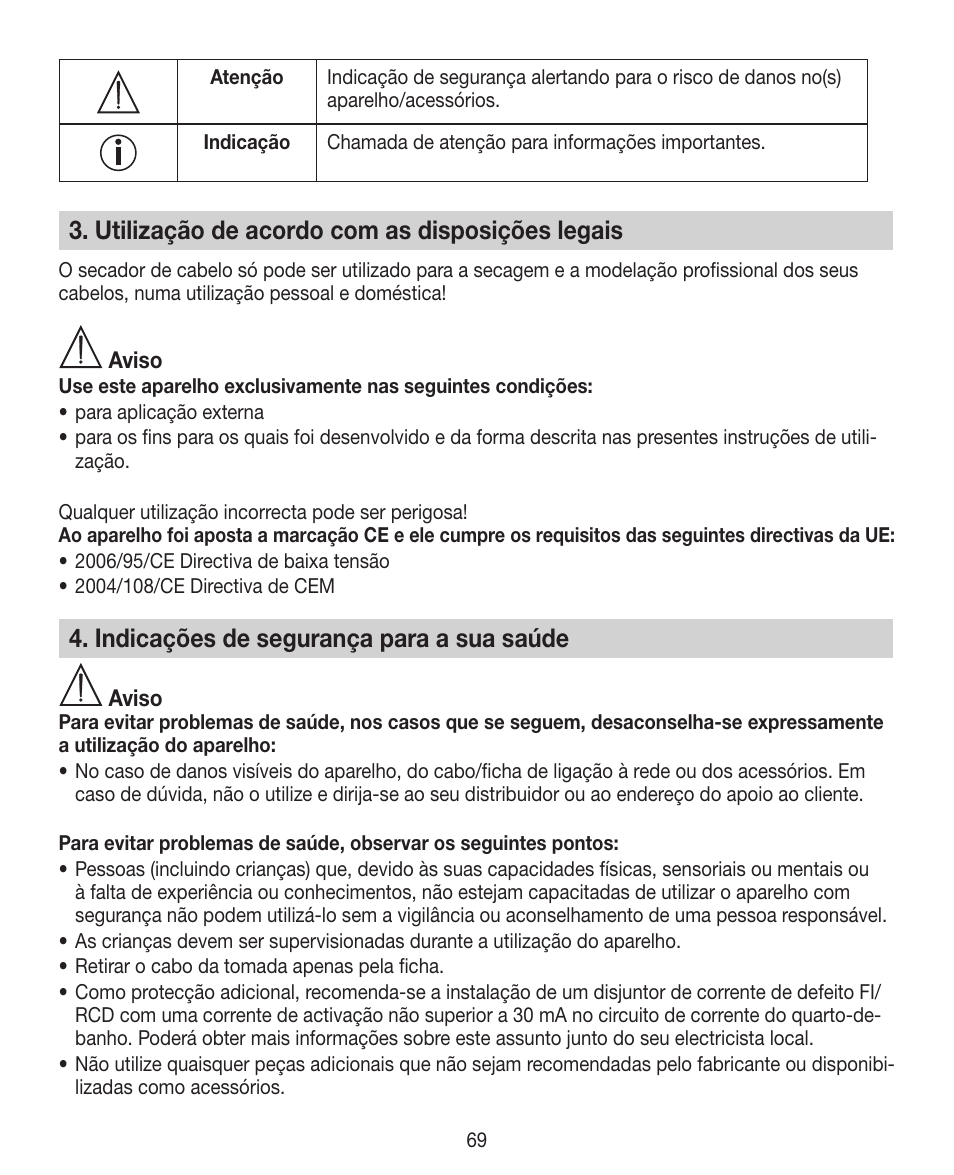 Utilização de acordo com as disposições legais, Indicações de segurança para a sua saúde | Beurer HDE 30 User Manual | Page 69 / 84