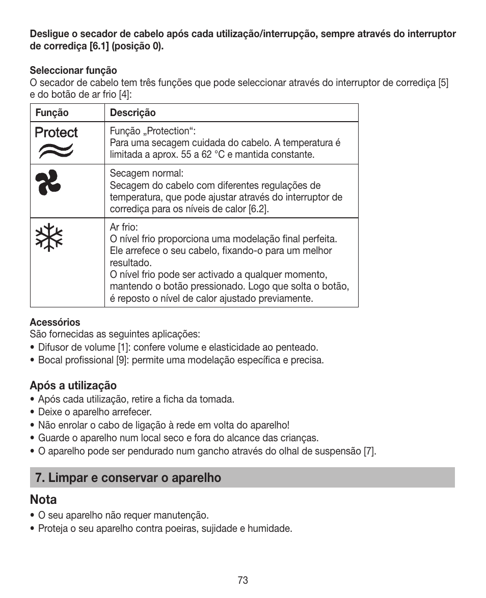 Limpar e conservar o aparelho nota | Beurer HDE 30 User Manual | Page 73 / 84
