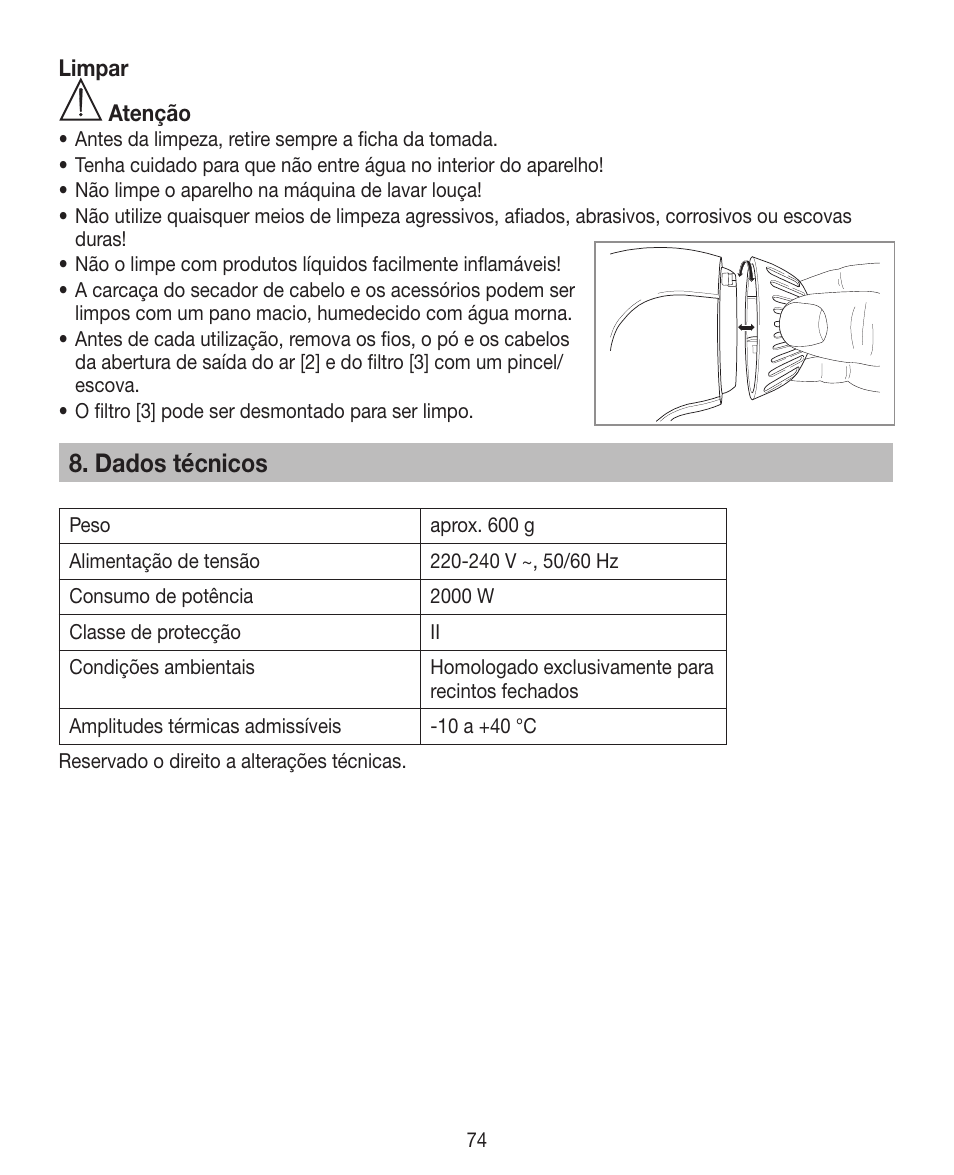 Dados técnicos | Beurer HDE 30 User Manual | Page 74 / 84