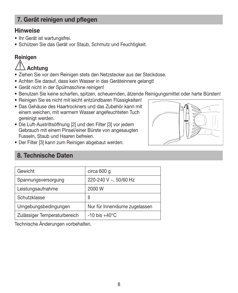 Gerät reinigen und pflegen hinweise, Technische daten | Beurer HDE 30 User Manual | Page 8 / 84