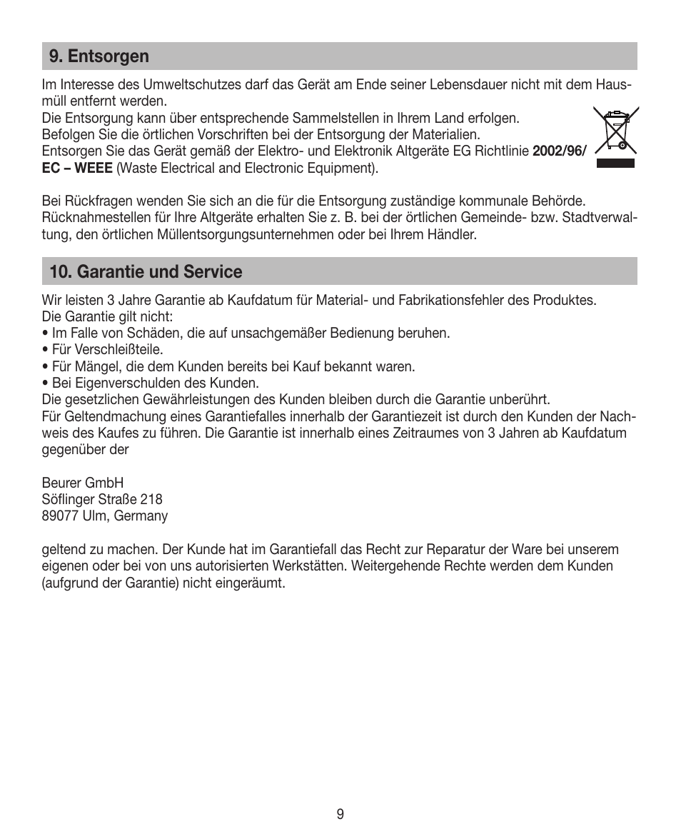 Entsorgen, Garantie und service | Beurer HDE 30 User Manual | Page 9 / 84