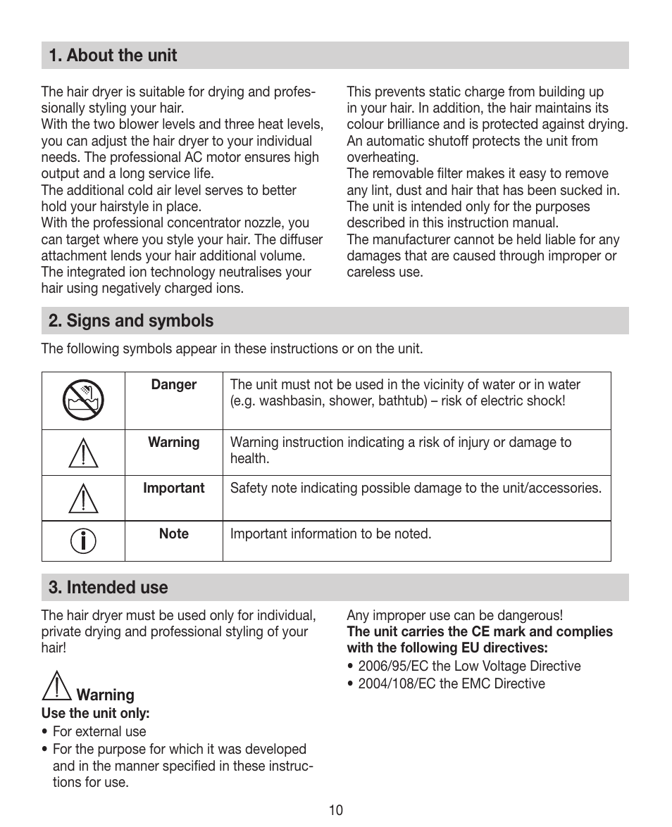 About the unit, Signs and symbols, Intended use | Beurer HDE 40 User Manual | Page 10 / 80