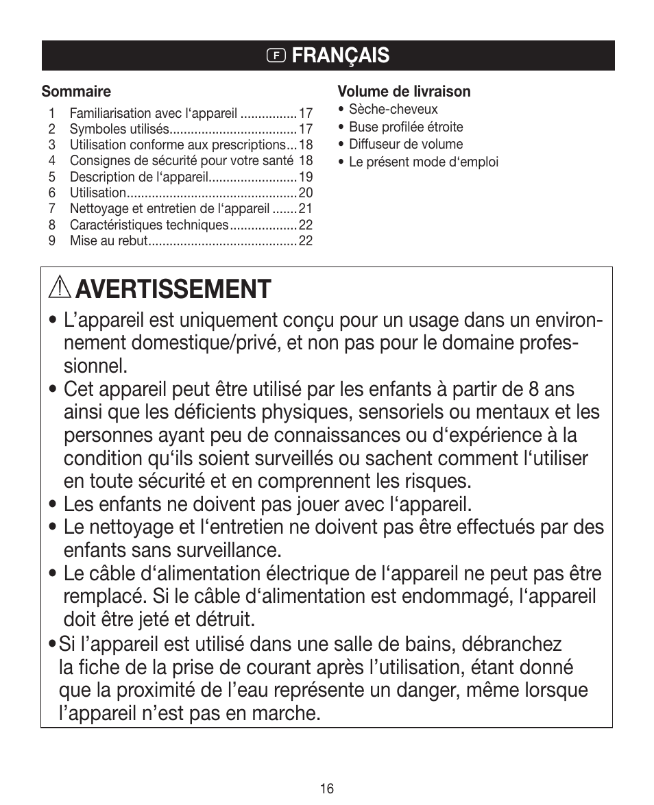 Avertissement, F français | Beurer HDE 40 User Manual | Page 16 / 80