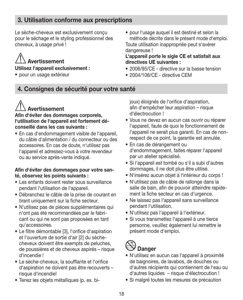 Utilisation conforme aux prescriptions, Consignes de sécurité pour votre santé | Beurer HDE 40 User Manual | Page 18 / 80