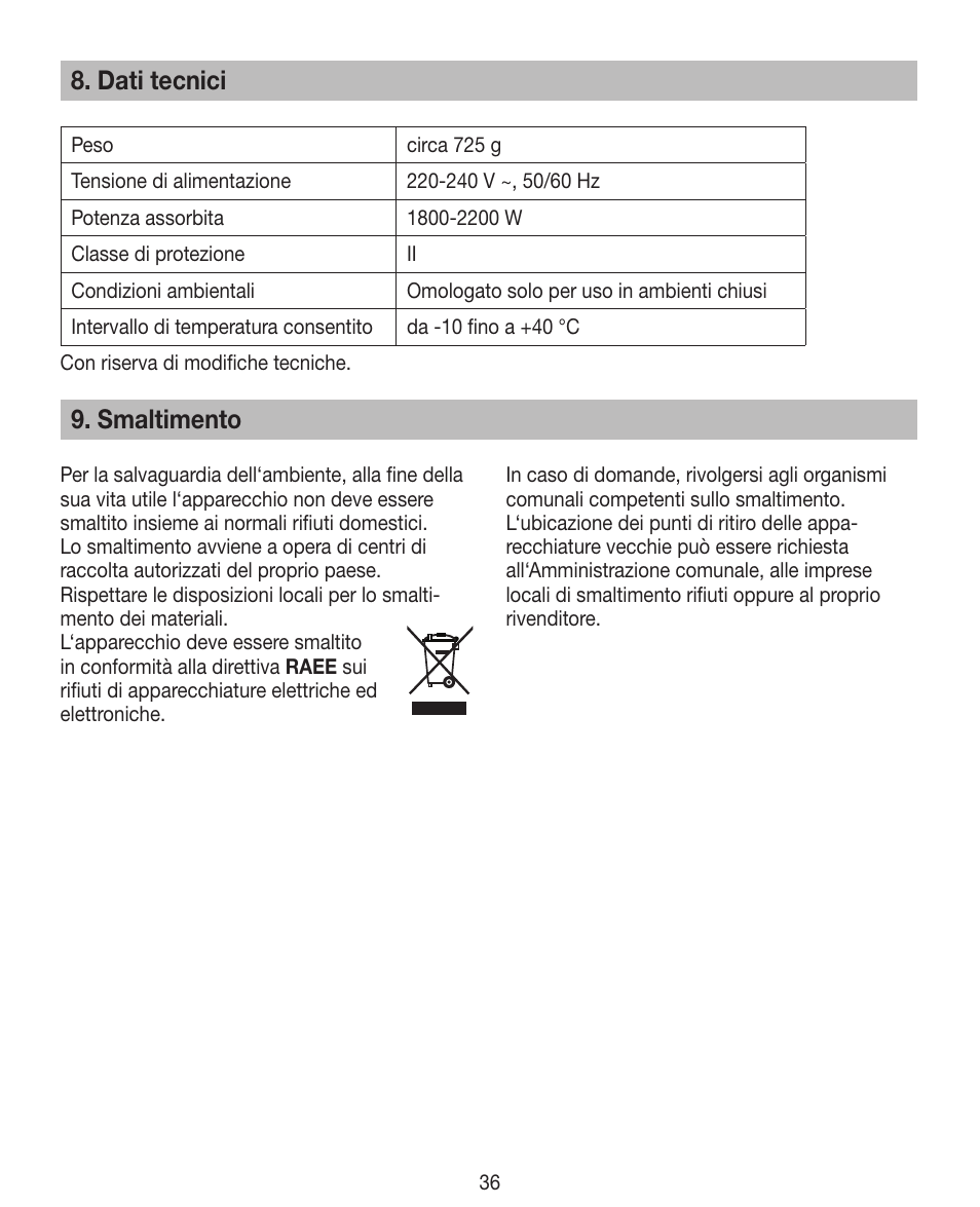 Dati tecnici, Smaltimento | Beurer HDE 40 User Manual | Page 36 / 80