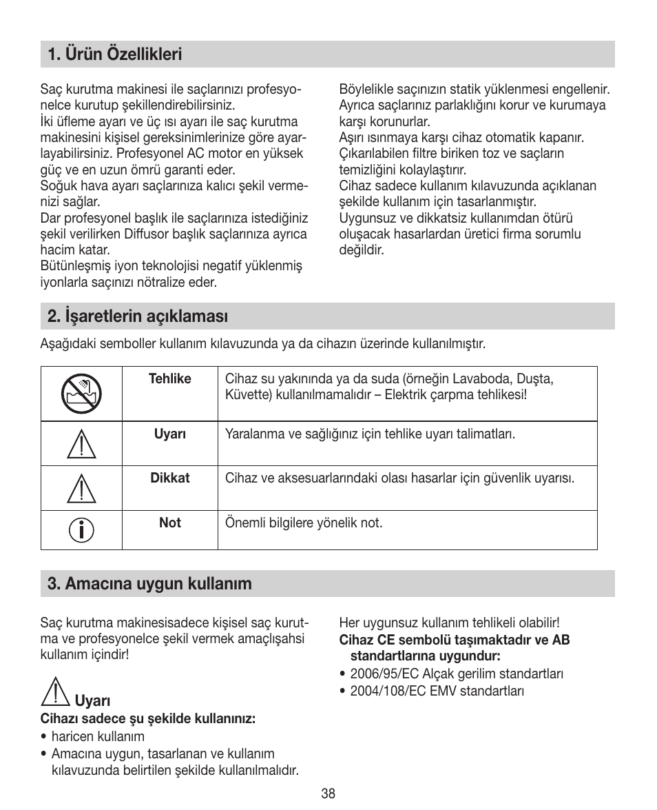 Ürün özellikleri, Işaretlerin açıklaması, Amacına uygun kullanım | Beurer HDE 40 User Manual | Page 38 / 80