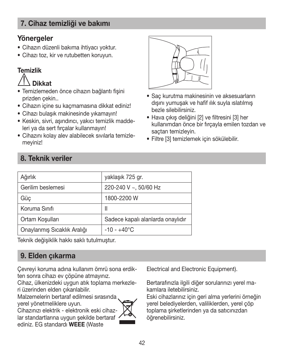 Cihaz temizliği ve bakımı yönergeler, Teknik veriler, Elden çıkarma | Beurer HDE 40 User Manual | Page 42 / 80