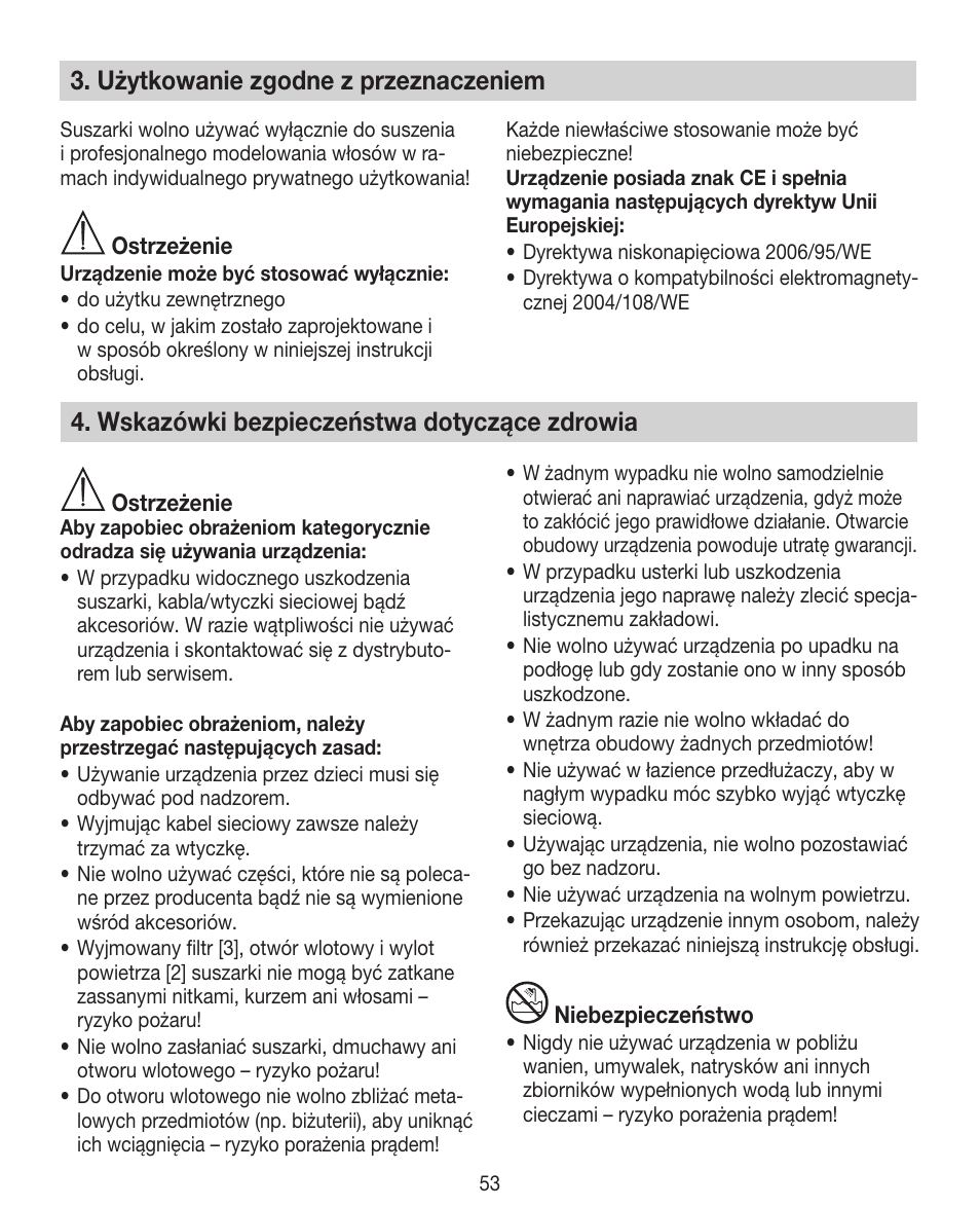 Użytkowanie zgodne z przeznaczeniem, Wskazówki bezpieczeństwa dotyczące zdrowia | Beurer HDE 40 User Manual | Page 53 / 80