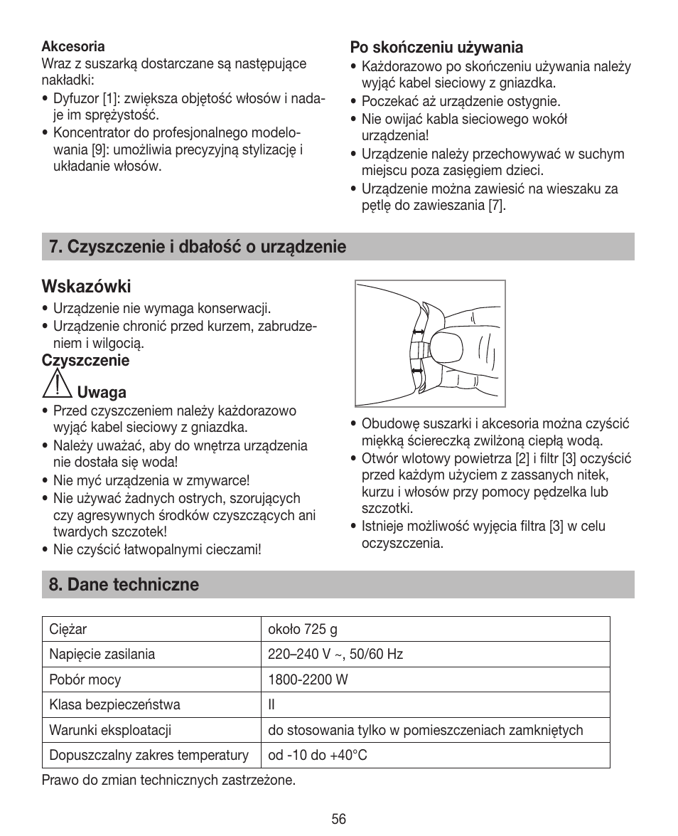 Czyszczenie i dbałość o urządzenie wskazówki, Dane techniczne | Beurer HDE 40 User Manual | Page 56 / 80