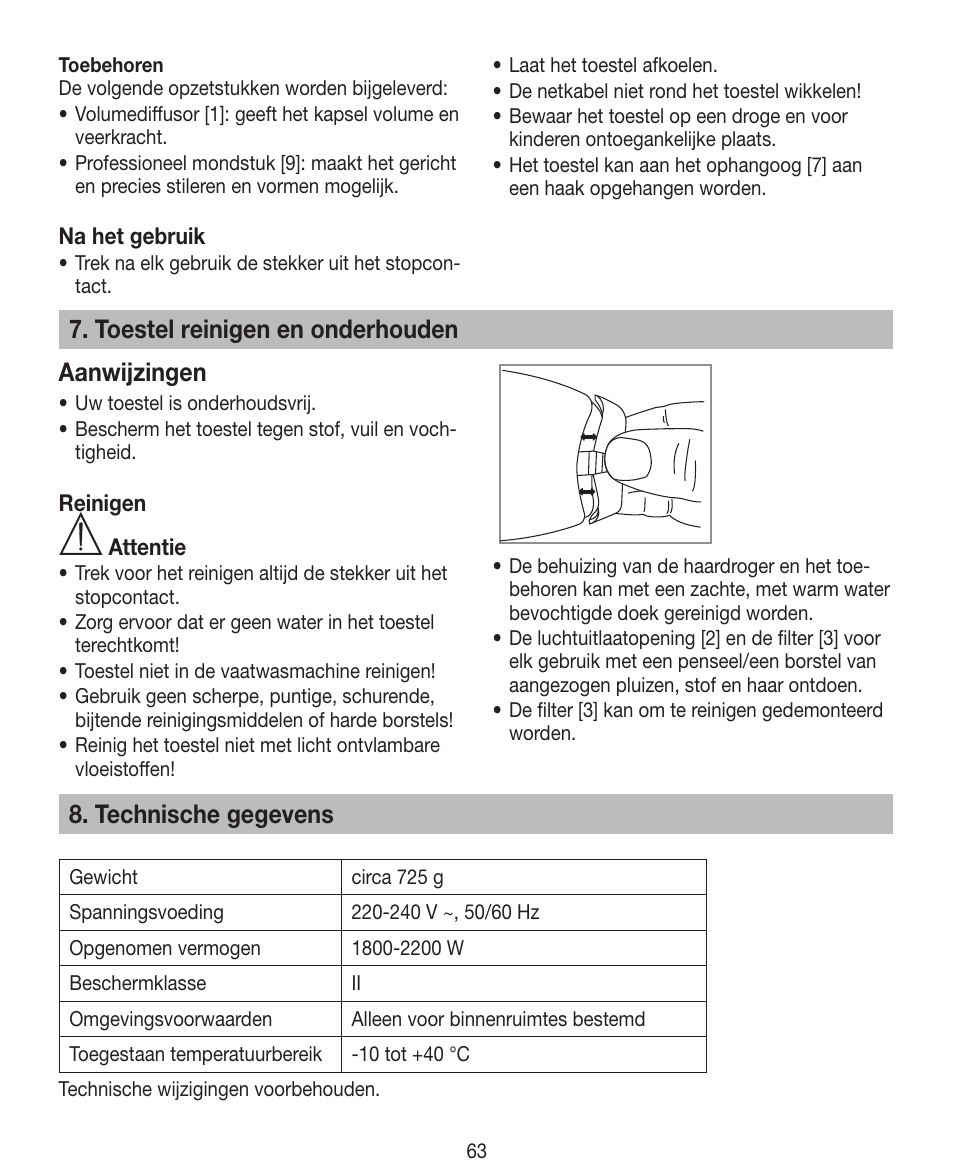 Toestel reinigen en onderhouden aanwijzingen, Technische gegevens | Beurer HDE 40 User Manual | Page 63 / 80