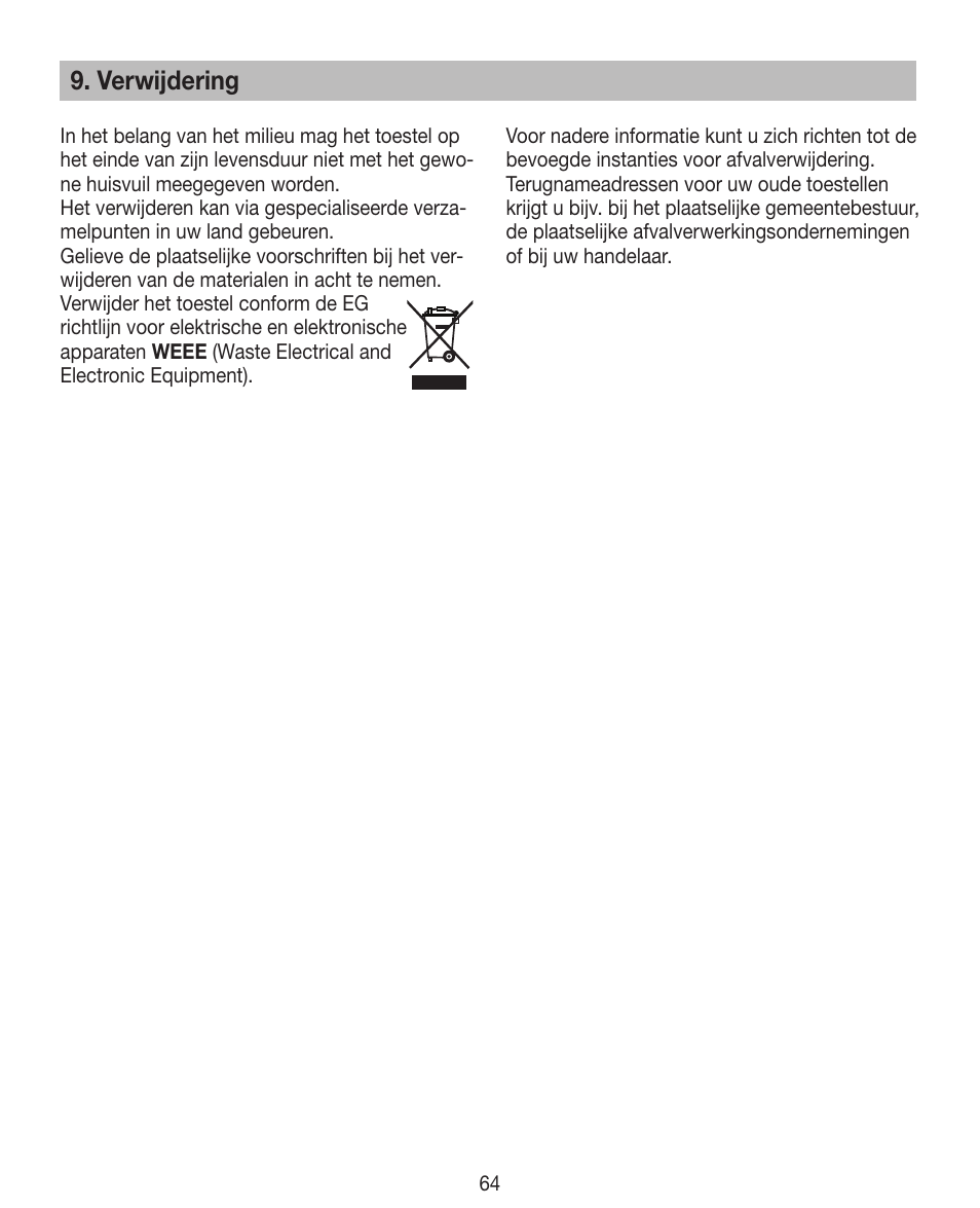Verwijdering | Beurer HDE 40 User Manual | Page 64 / 80