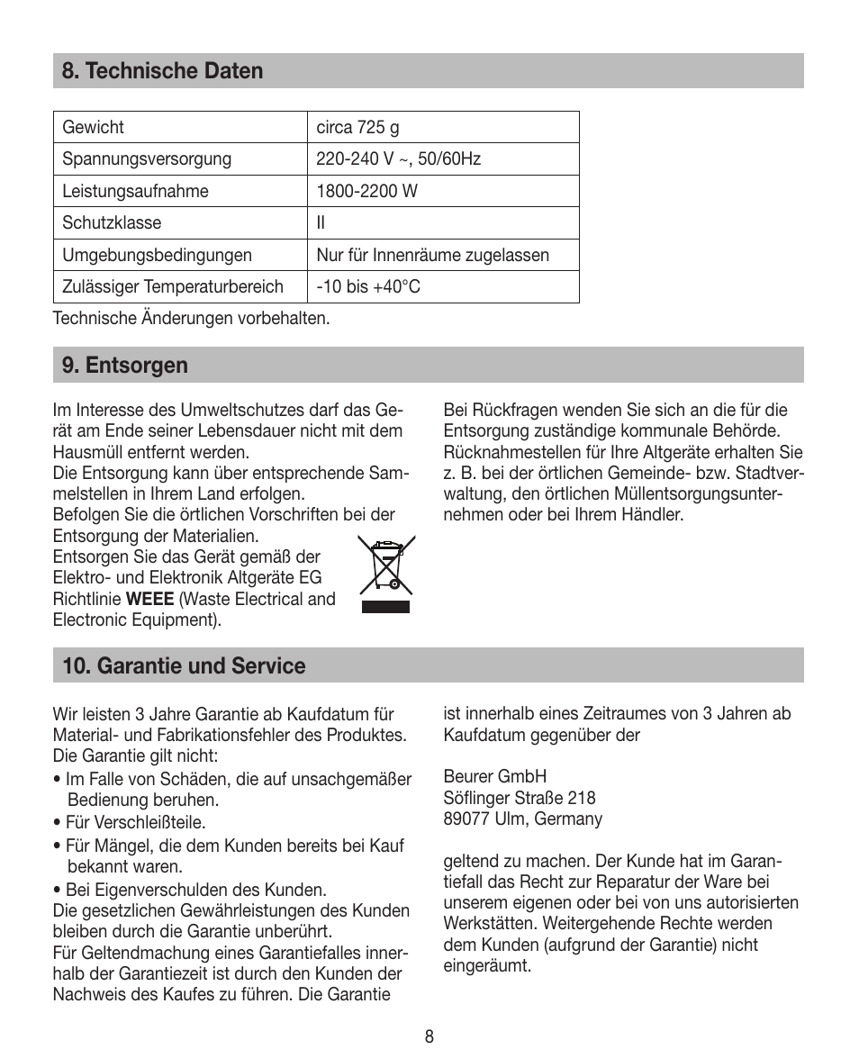 Technische daten, Entsorgen, Garantie und service | Beurer HDE 40 User Manual | Page 8 / 80