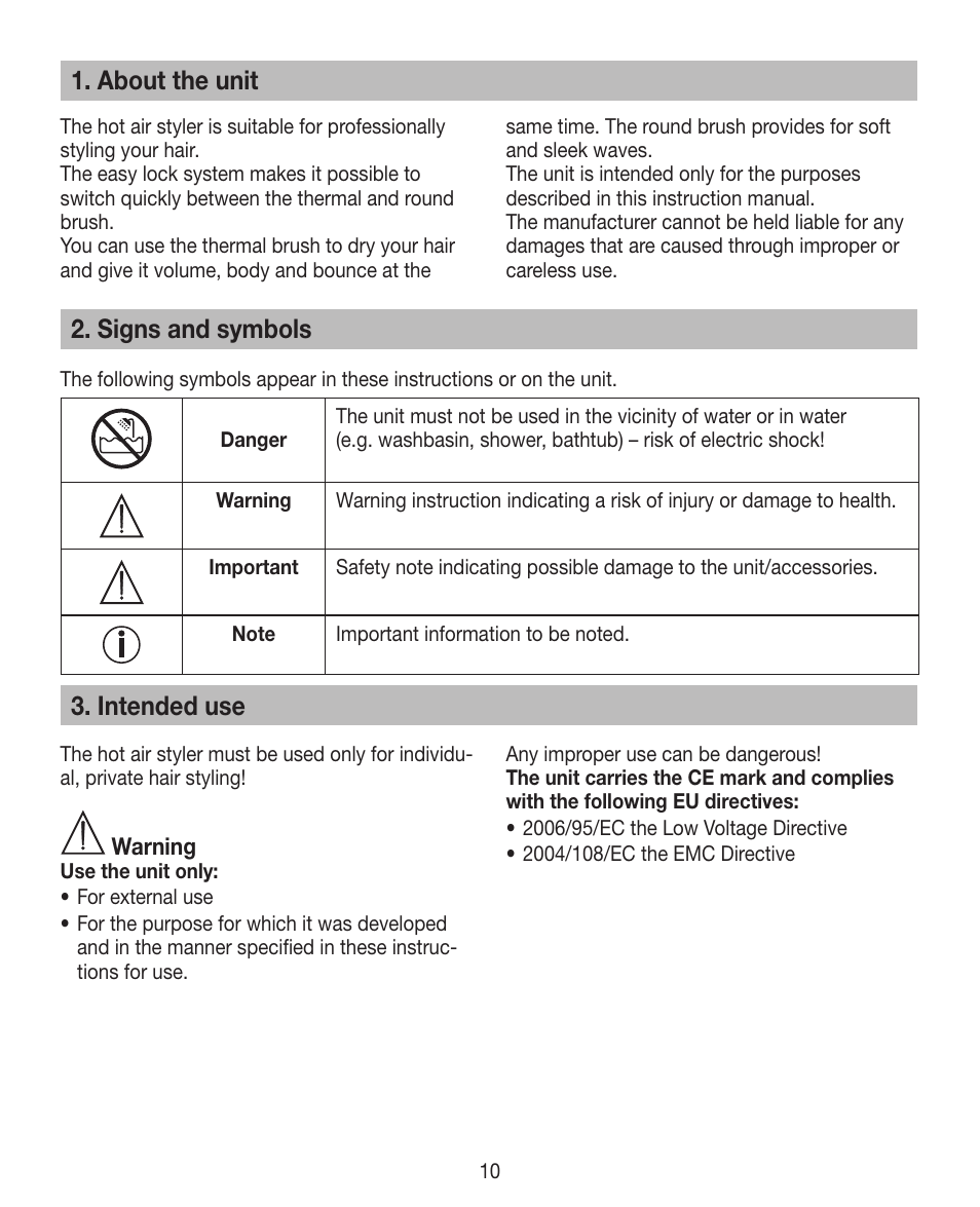 About the unit, Signs and symbols, Intended use | Beurer HTE 40 User Manual | Page 10 / 84