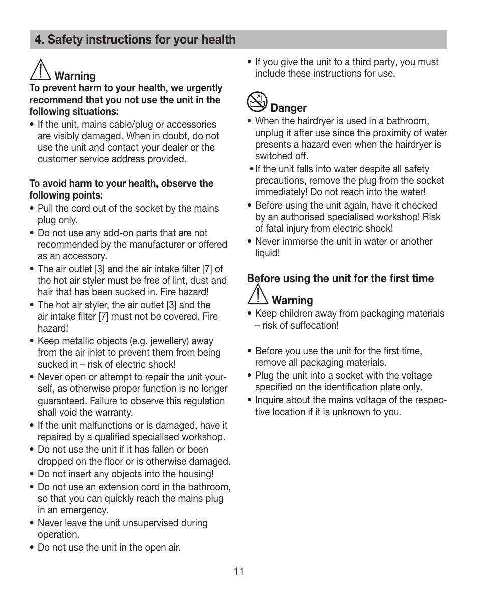 Safety instructions for your health | Beurer HTE 40 User Manual | Page 11 / 84