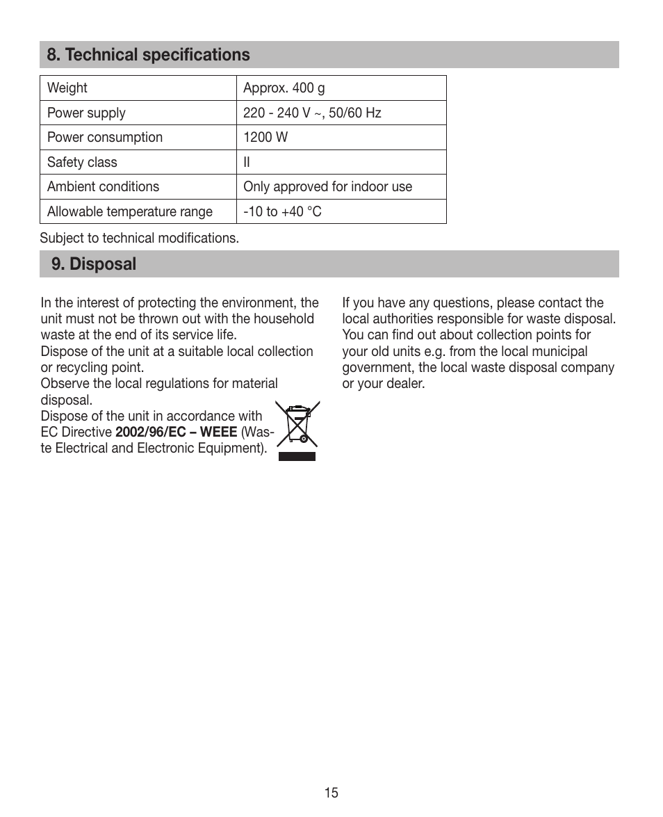 Technical specifications, Disposal | Beurer HTE 40 User Manual | Page 15 / 84