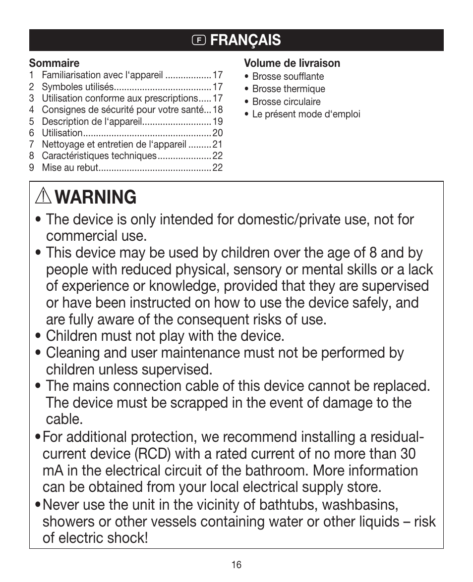 Warning | Beurer HTE 40 User Manual | Page 16 / 84