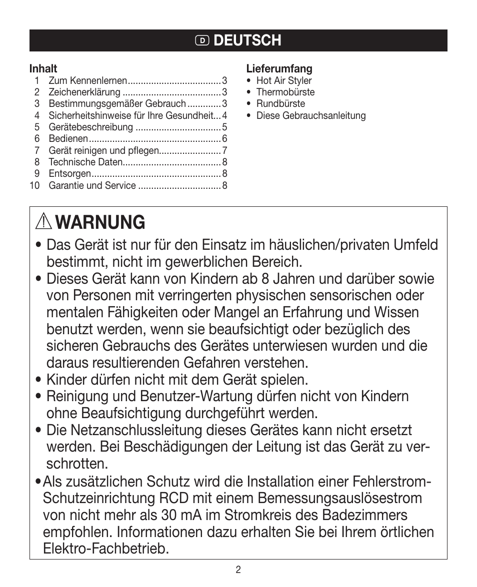 Warnung, D deutsch | Beurer HTE 40 User Manual | Page 2 / 84