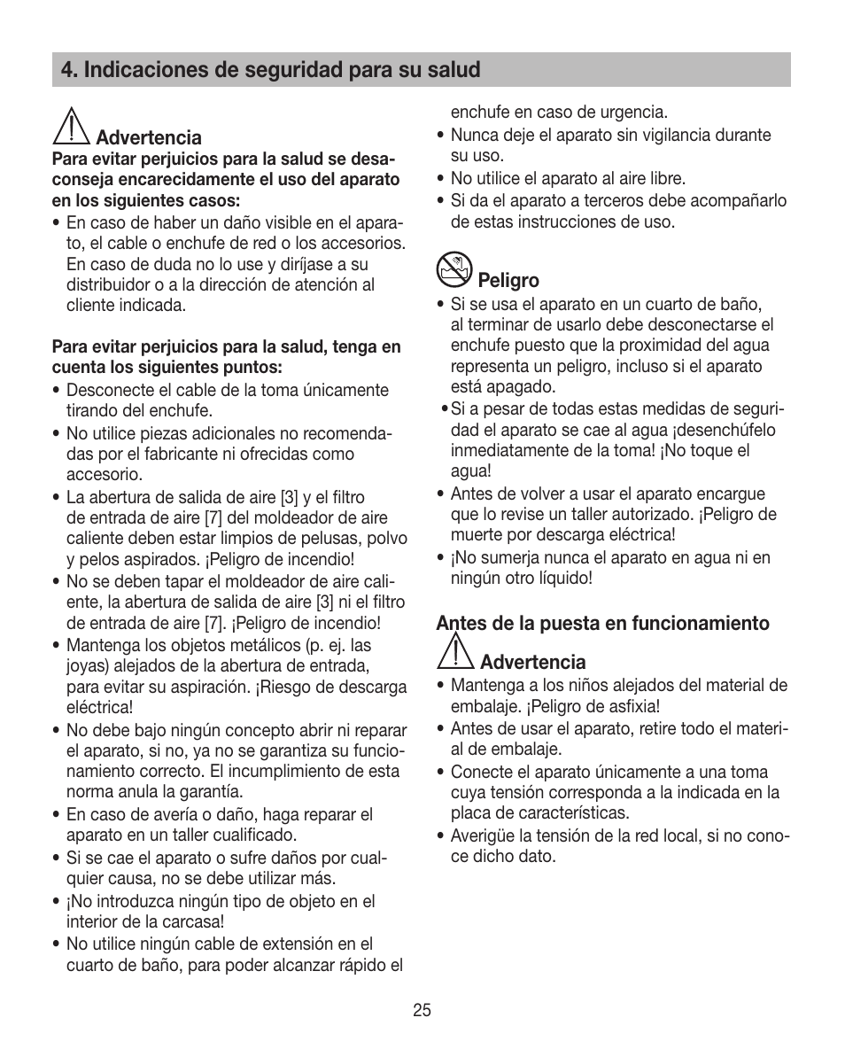 Indicaciones de seguridad para su salud | Beurer HTE 40 User Manual | Page 25 / 84