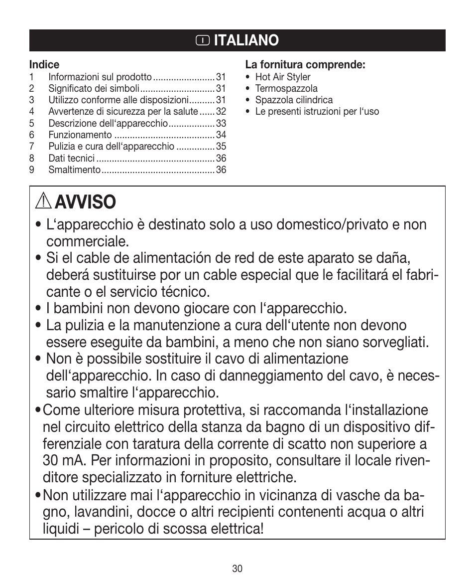 Avviso, I italiano | Beurer HTE 40 User Manual | Page 30 / 84
