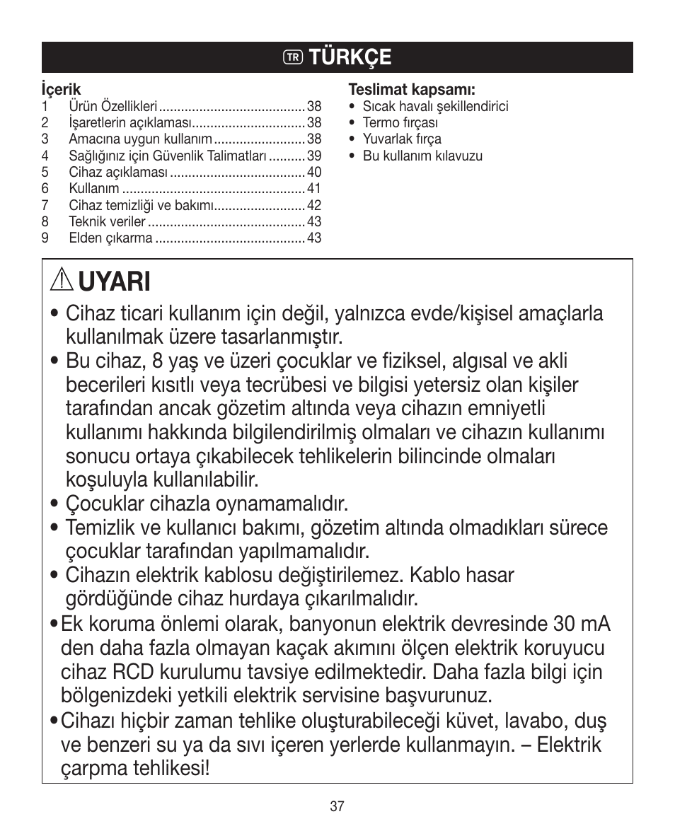 Uyari, T türkçe | Beurer HTE 40 User Manual | Page 37 / 84