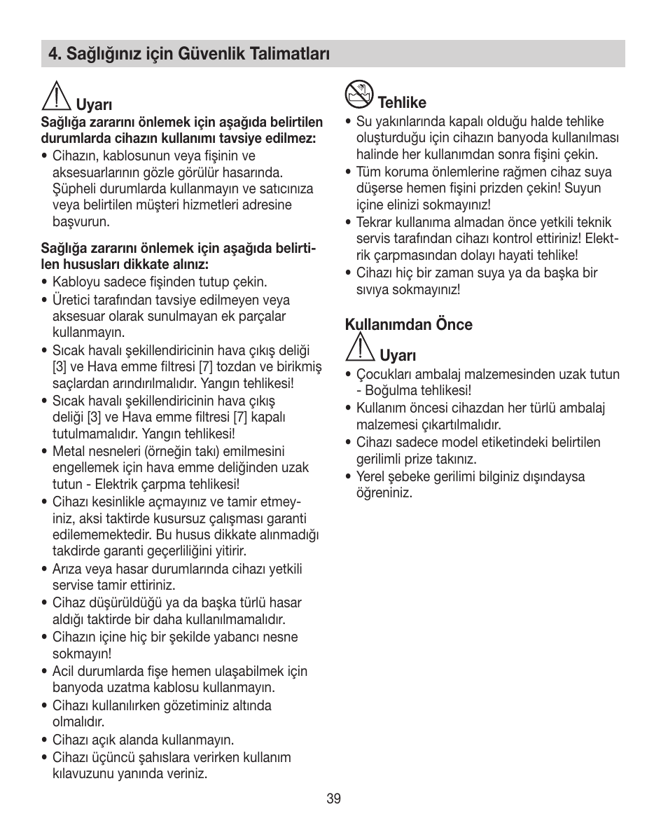 Sağlığınız için güvenlik talimatları | Beurer HTE 40 User Manual | Page 39 / 84